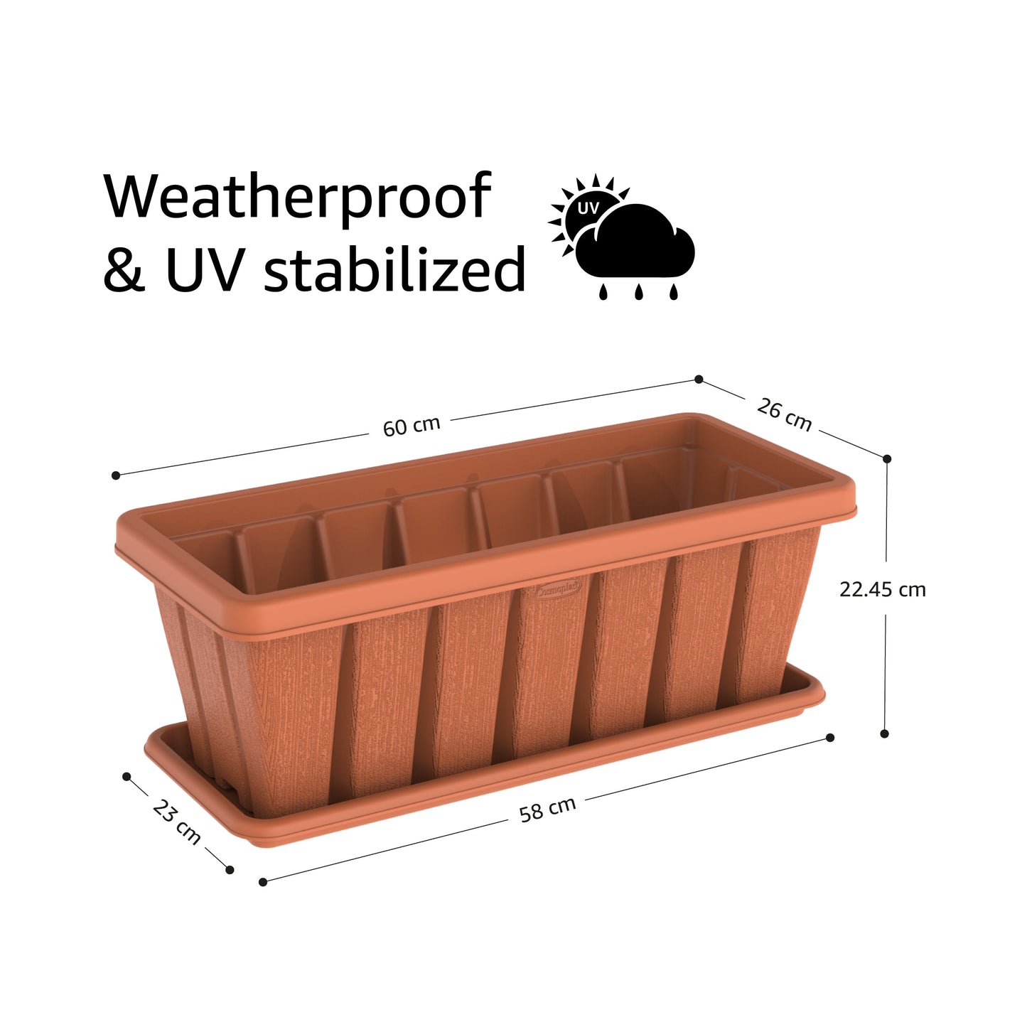 24" Cedargrain Rectangular Planter with Tray - Cosmoplast Kuwait